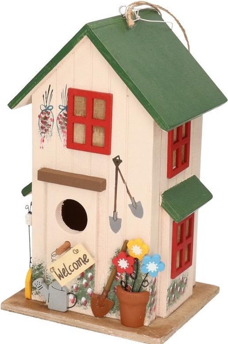 Houten Vogelhuisje/nestkastje/groen 26 Cm - Tuindecoratie Vogelhuisjes - Wit