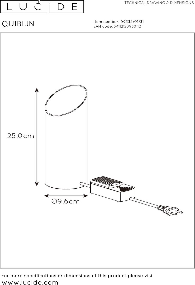 Lucide Quirijn - Tafellamp - Ø 9,6 Cm - 1xe27 - - Wit