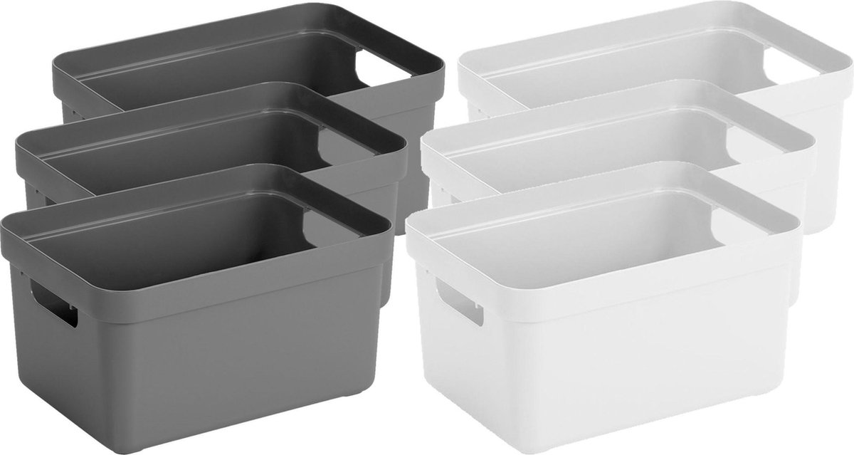 Set Van 6x Stuks Opbergboxen/opbergmanden 5 Liter Kunststof En Antraciet - Opbergbox - Wit