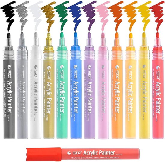 4artz ® Acryl Stiften Set - 12 Kleuren - Acryl Markers