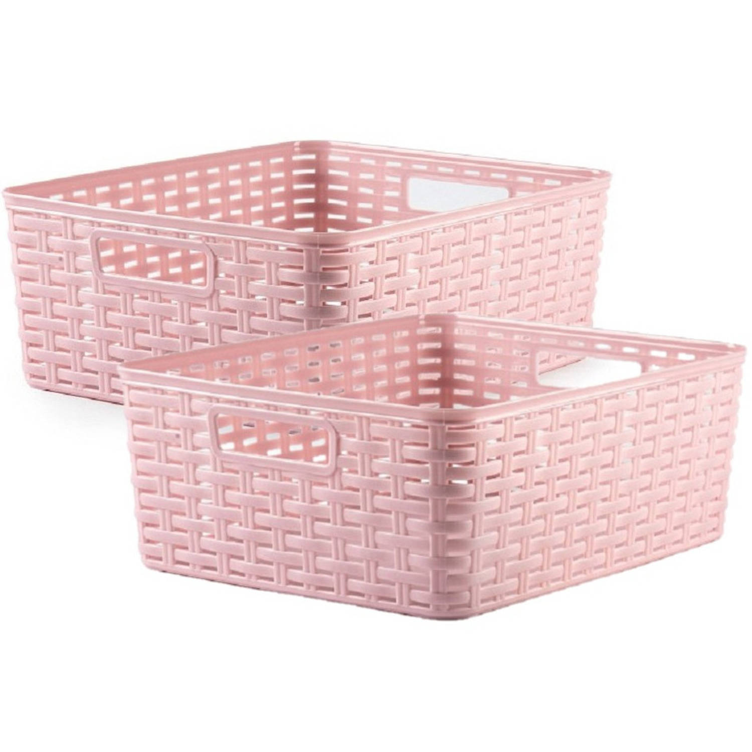 Forte Plastics 2x Stuks Rotan Gevlochten Opbergmand/opbergbox Kunststof - Oud - 28 X 36 X 13.5 Cm - Opbergbox - Roze