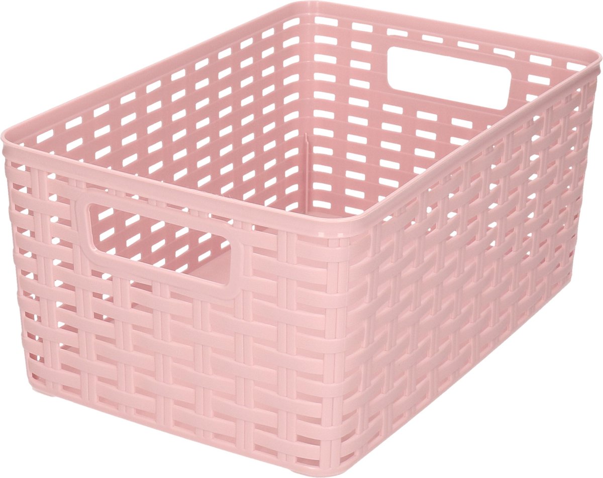 Forte Plastics Rotan Gevlochten Opbergmand/opbergbox Kunststof - Oud - 19 X 29 X 13 Cm - Opbergbox - Roze