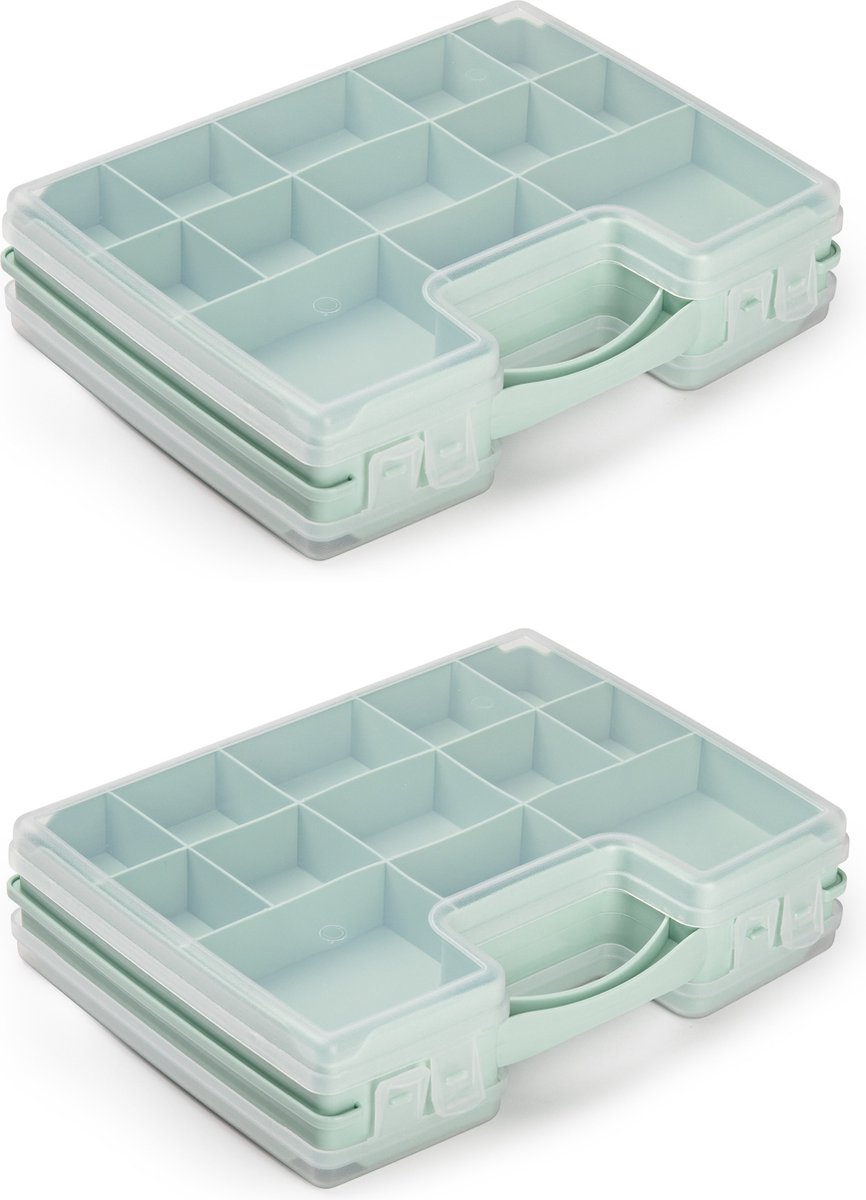 Forte Plastics 2x Stuks Opbergkoffertje/opbergdoos/sorteerboxen 22-vaks Kunststof Mint 28 X 21 X 6 Cm - Opbergbox - Groen