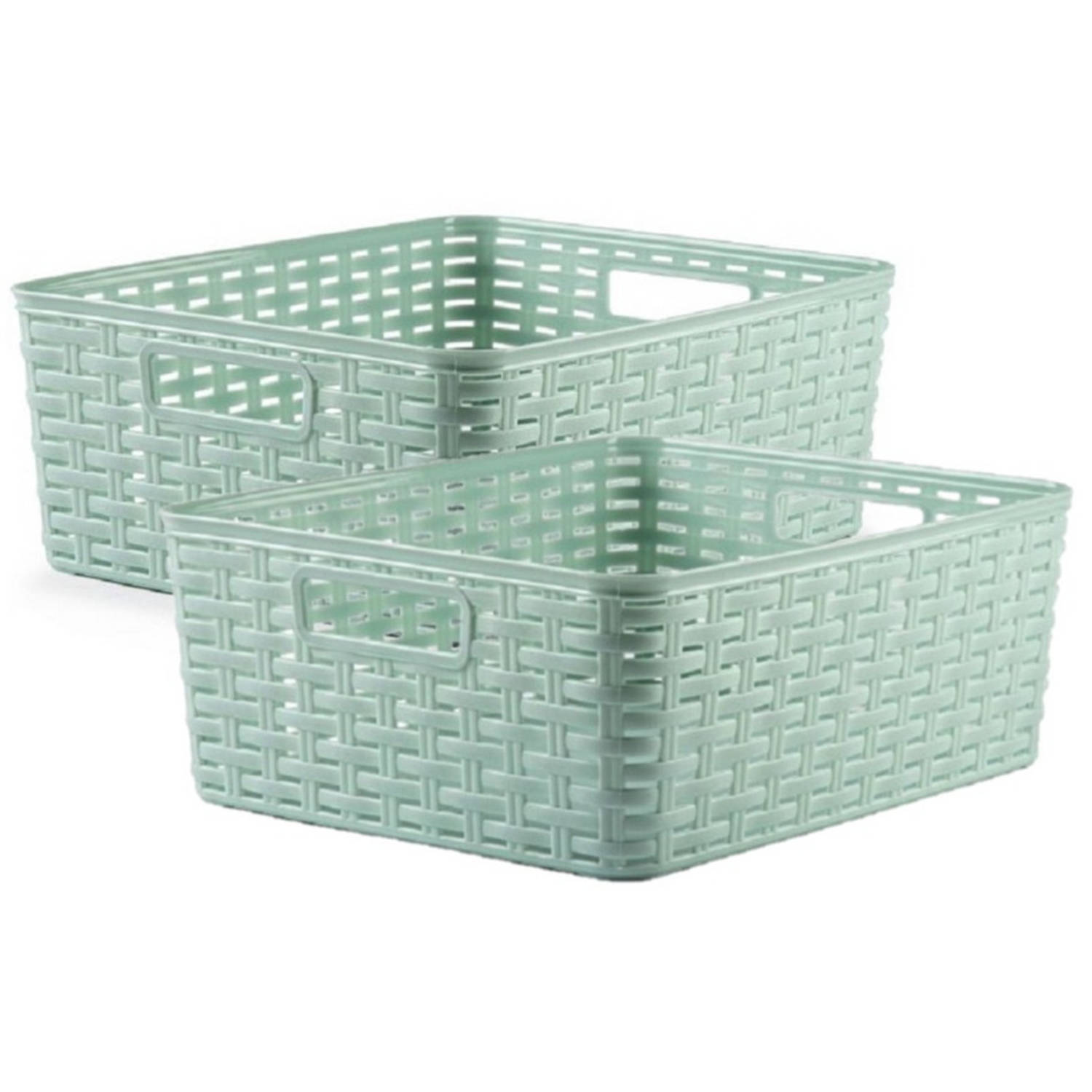 Forte Plastics 2x Stuks Rotan Gevlochten Opbergmand/opbergbox Kunststof - Mint - 28 X 36 X 13.5 Cm - Opbergbox - Groen