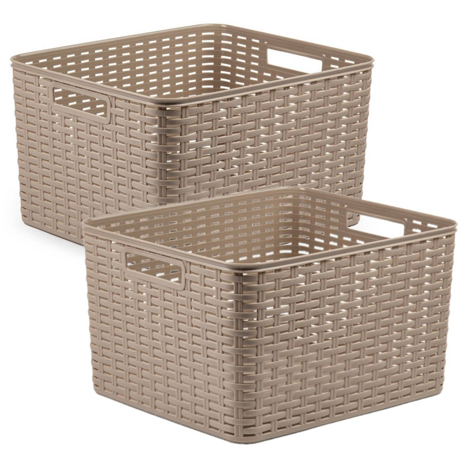 Forte Plastics 2x Stuks Rotan Gevlochten Opbergmand/opbergbox Kunststof - Taupe - 34 X 40 X 23 Cm - Opbergbox