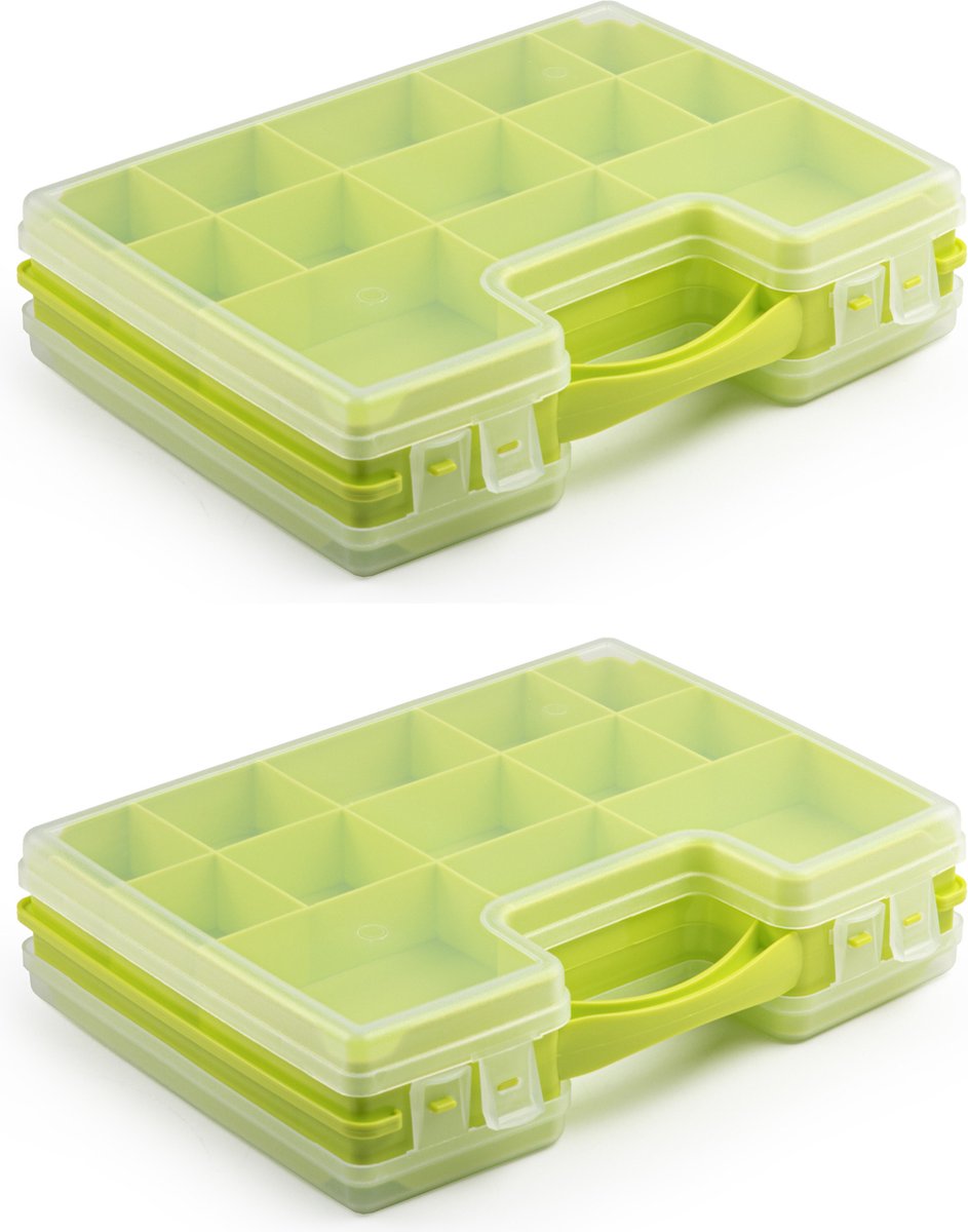 Forte Plastics 2x Stuks Opbergkoffertje/opbergdoos/sorteerboxen 22-vaks Kunststof 28 X 21 X 6 Cm - Opbergbox - Groen