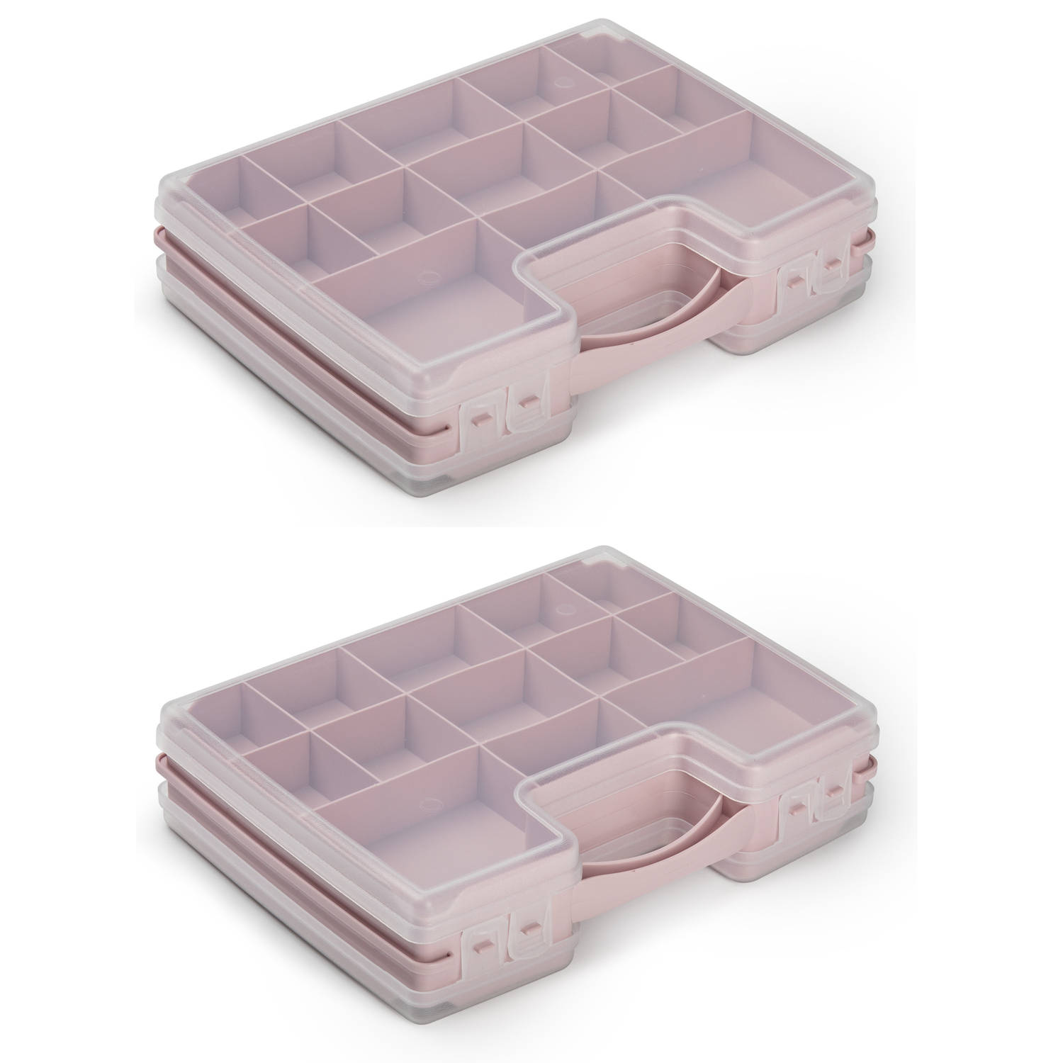 Forte Plastics 2x Stuks Opbergkoffertje/opbergdoos/sorteerboxen 22-vaks Kunststof Oud 28 X 21 X 6 Cm - Opbergbox - Roze