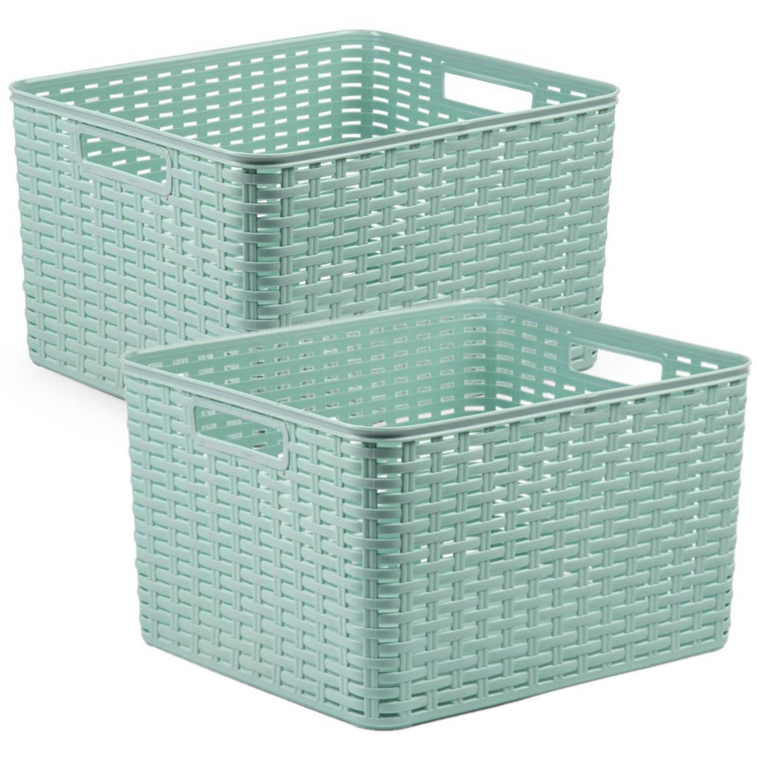 Forte Plastics 2x Stuks Rotan Gevlochten Opbergmand/opbergbox Kunststof - Mint - 34 X 40 X 23 Cm - Opbergbox - Groen