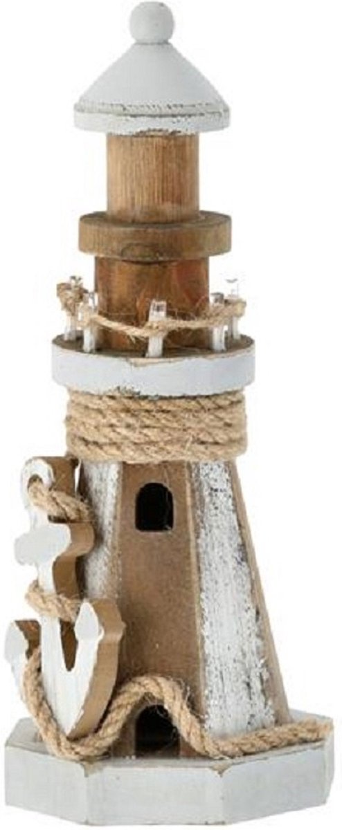 Houten/witte Vuurtoren Beeldje Met Led Lampjes 25 Cm Maritieme Decoratie - Beeldjes - Bruin