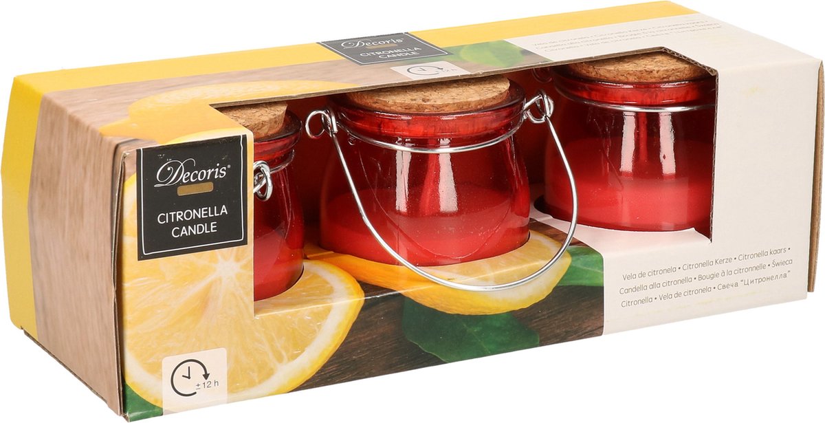 Decoris Set Van 3x Stuks Anti Muggen Citronella Kaars In Glazen Potje - Geurkaarsen - Rood