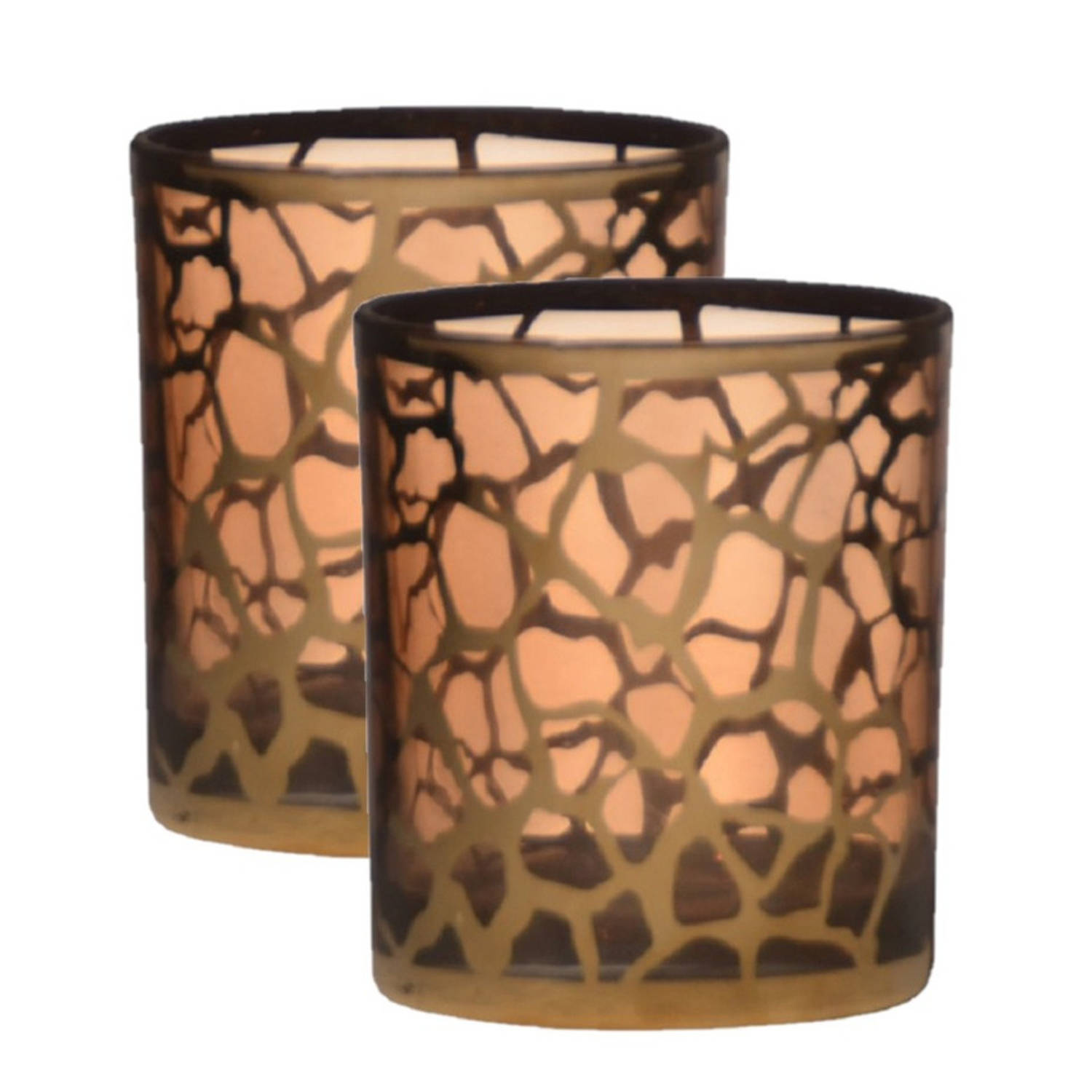 Bellatio Design 2x Stuks Theelichthouders/waxinelichthouders Giraffe Print Glas 10 X 9 Cm - Waxinelichtjeshouders - Goud