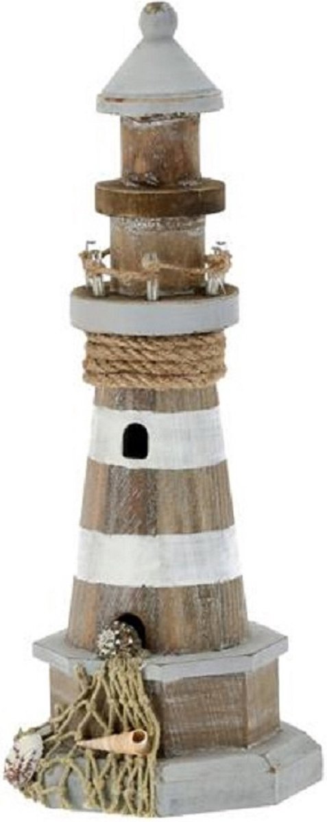 Houten/witte Vuurtoren Beeldje Met Led Lampjes 29 Cm Maritieme Decoratie - Beeldjes - Bruin