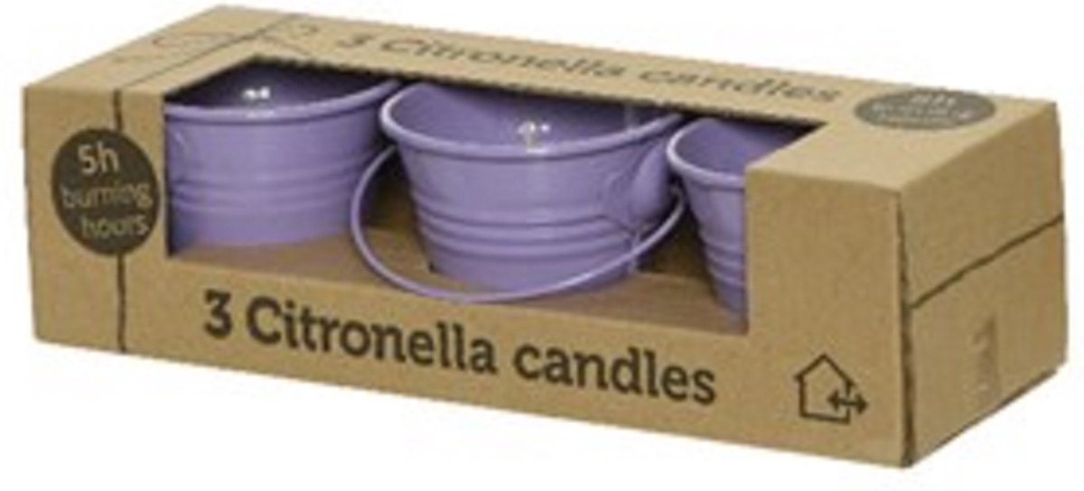 Decoris Set Van 3x Stuks Anti Muggen Citronella Kaars In Zinken Potje - Geurkaarsen - Paars