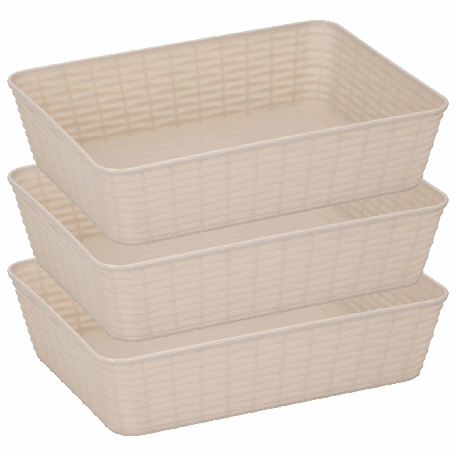 3x Plastic Opbergmanden Rechthoekig 25 X 19 X 6 Cm - Opbergmanden - Beige