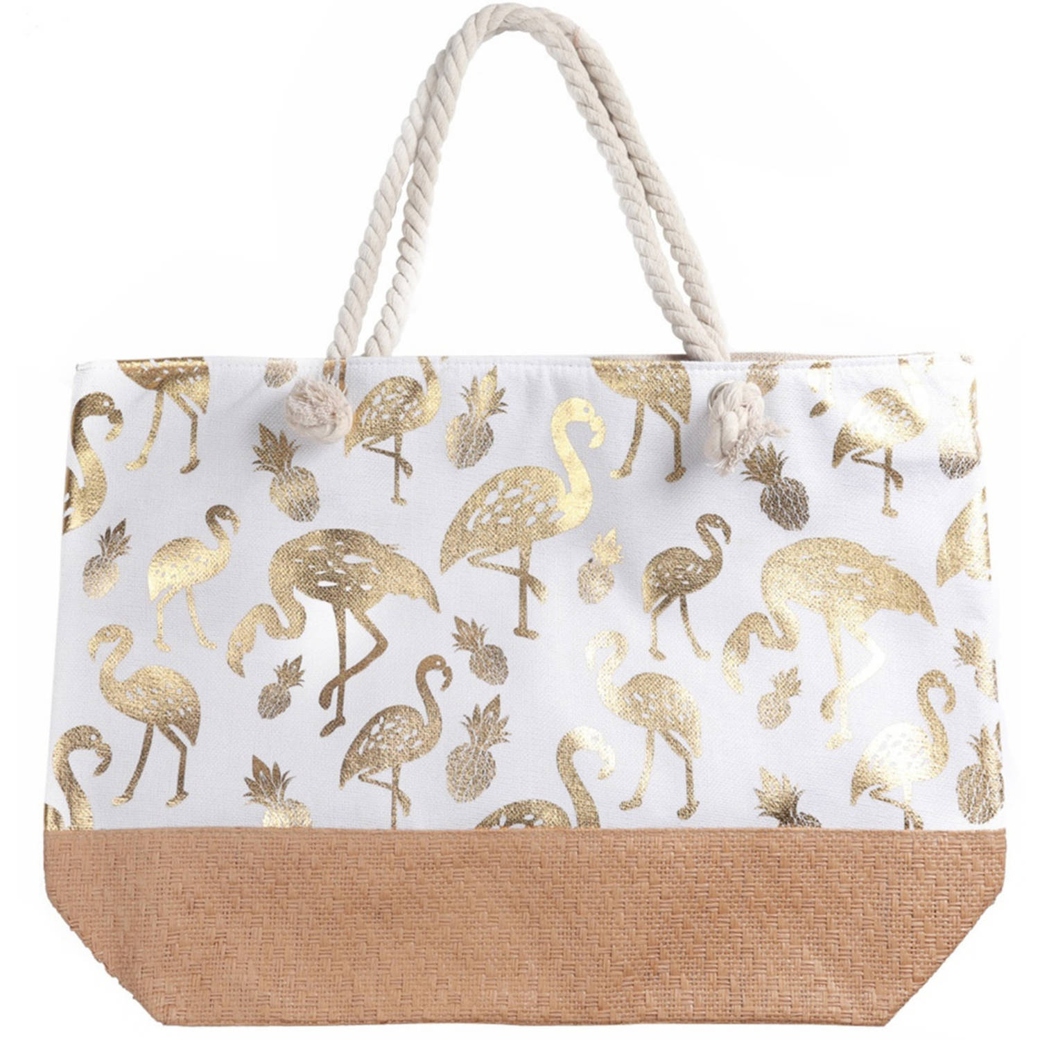 Metallic Gouden Flamingo Print Strandtas Met Rits 54 Cm - Strandtassen - Wit