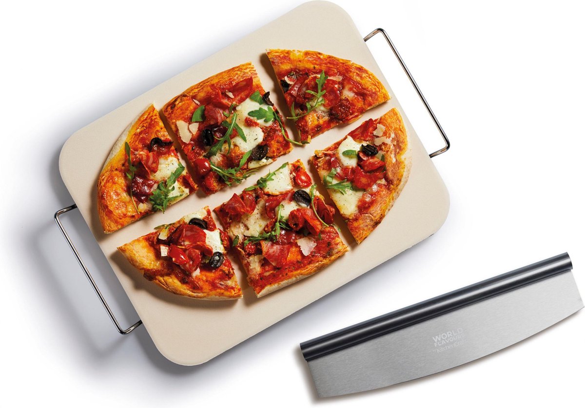 KitchenCraft Pizzasteen Met Mes - 37.5x30x1.5cm - Italian