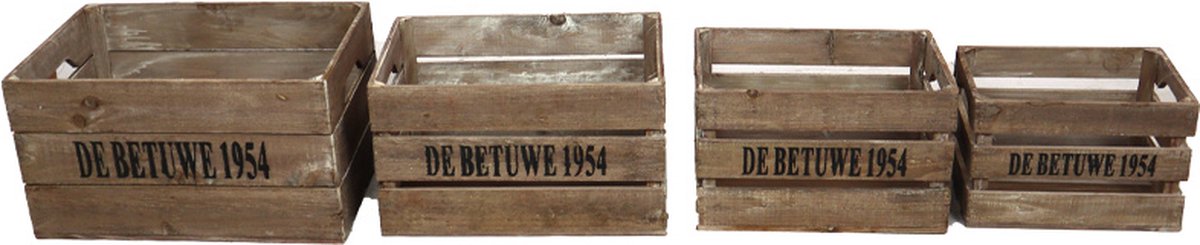 Dijk Natural Collections Houten Kratten Set-4 Stuks-naturel- Tekst ""De Betuwe 1954""