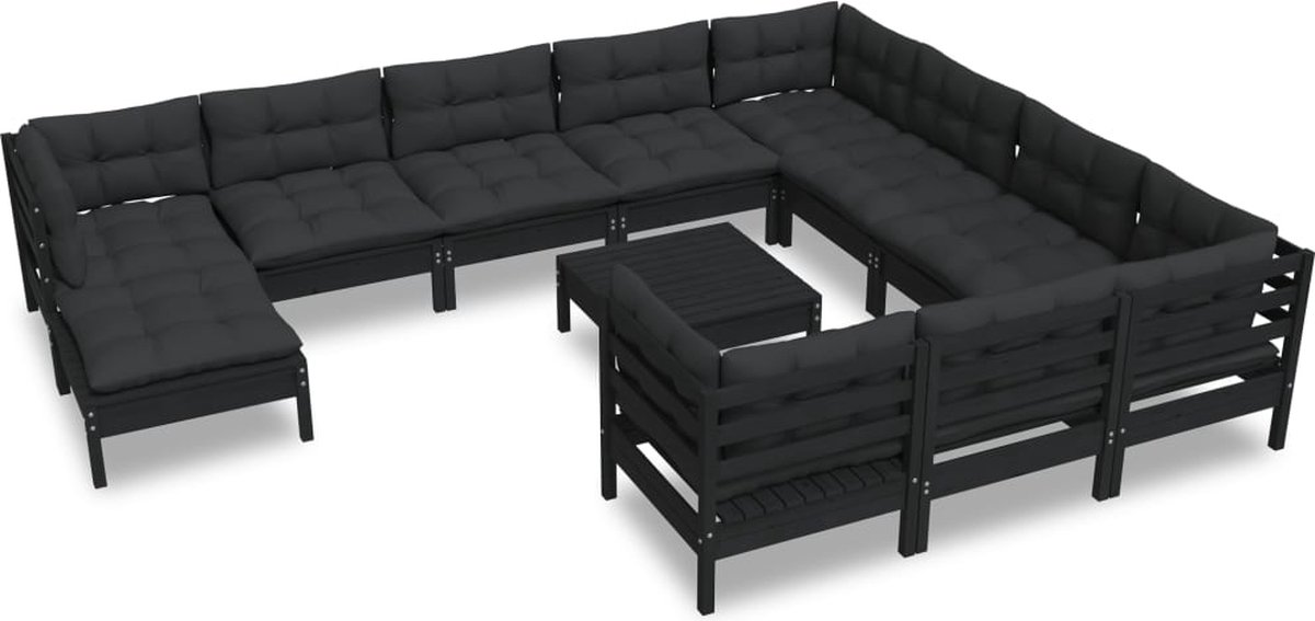 Vidaxl 12-delige Loungeset Met Kussens Grenenhout - Zwart