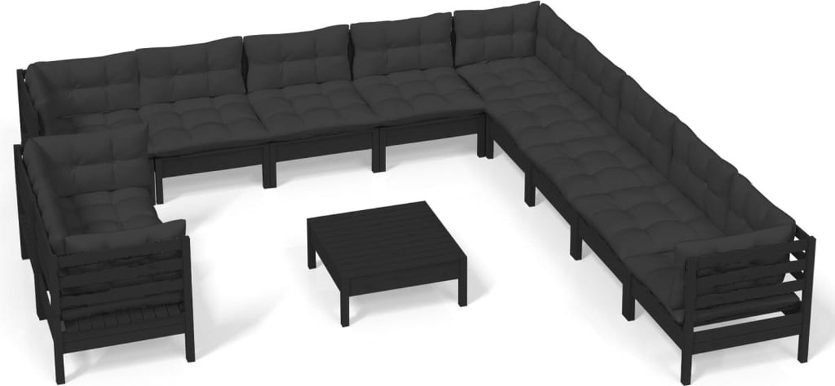 Vidaxl 12-delige Loungeset Met Kussens Massief Grenenhout - Zwart