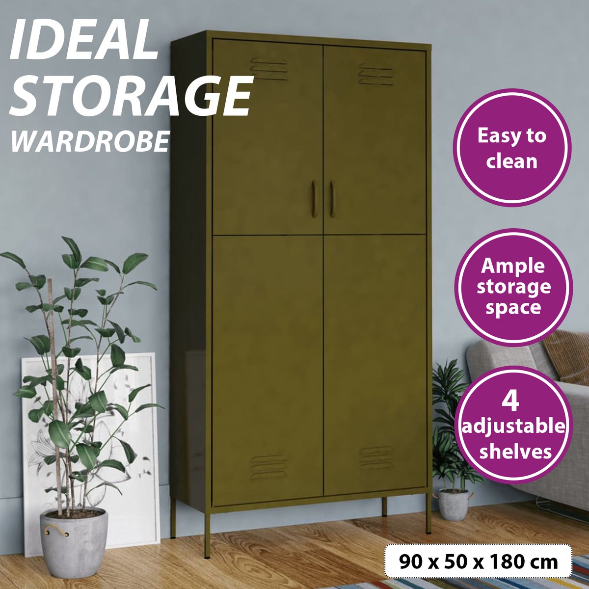 Vidaxl Kledingkast 90x50x180 Cm Staal Olijf - Groen