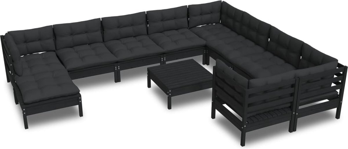 Vidaxl 11-delige Loungeset Met Kussens Grenenhout - Zwart