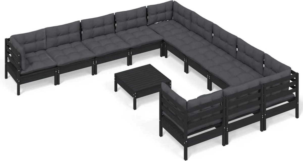 Vidaxl 12-delige Loungeset Met Kussens Grenenhout - Zwart