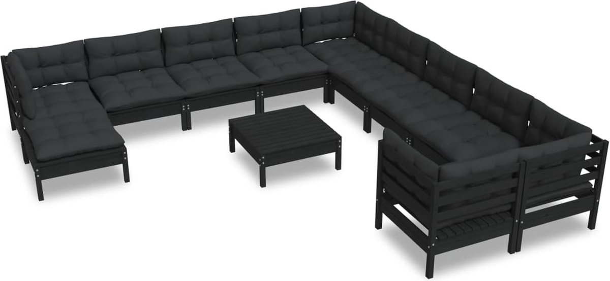 Vidaxl 12-delige Loungeset Met Kussens Grenenhout - Zwart