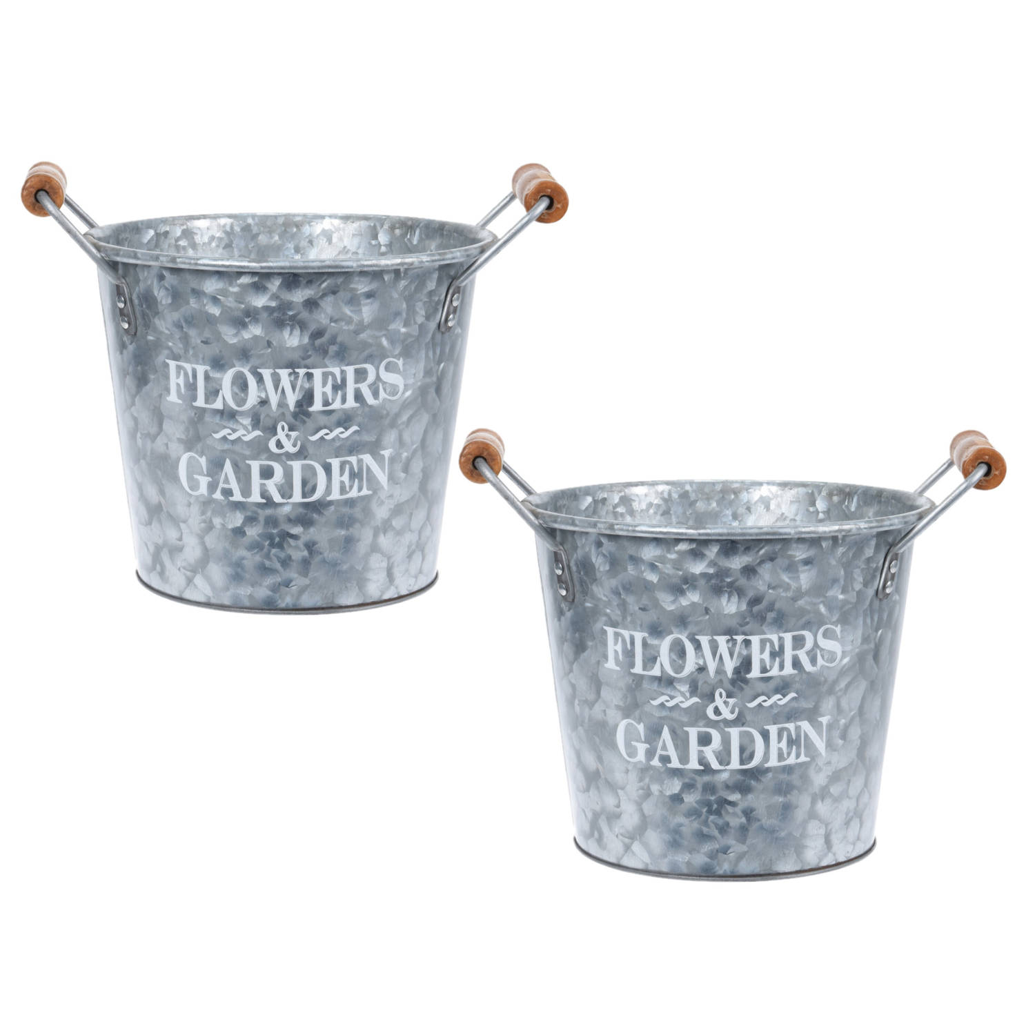 2x Stuks Metalen Emmers/plantenpotten Zilver Met Houten Handvat 8 Liter D19 X H24 Cm - Ijzeren Emmer / Teil - Silver