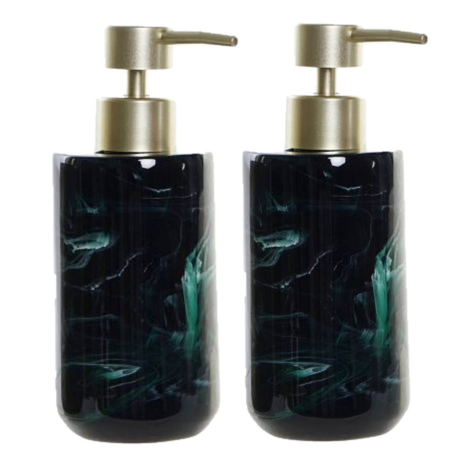 2x Stuks Zeeppompjes/zeepdispensers Marmer Look Donker Kunststof 300 Ml - Zeeppompjes - Groen