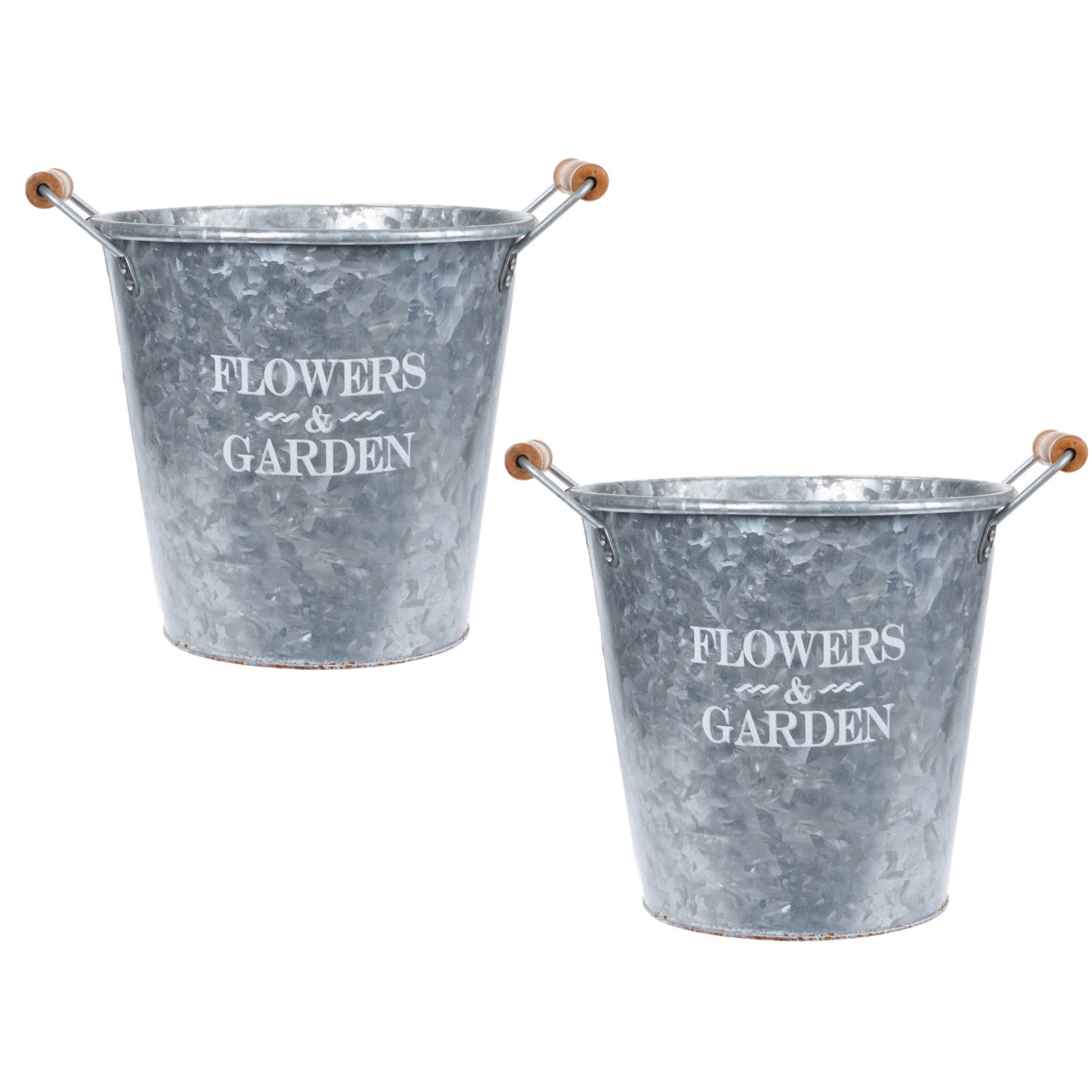 2x Stuks Metalen Emmers/plantenpotten Zilver Met Houten Handvat 14 Liter D24 X H25 Cm - Ijzeren Emmer / Teil - Silver