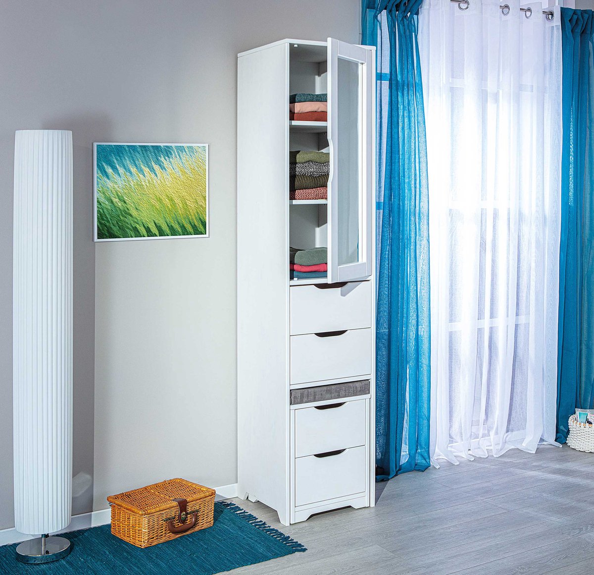 Till Kledingkast 1 Spiegeldeur, 4 Laden, Zitkussen. - Wit