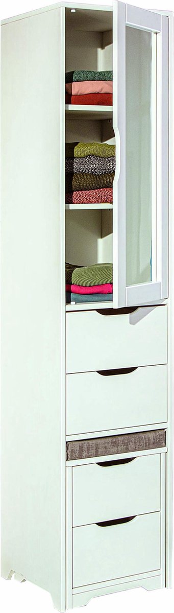 Till Kledingkast 1 Spiegeldeur, 4 Laden, Zitkussen. - Wit