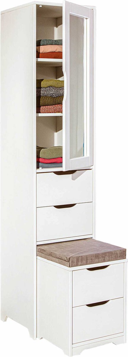 Till Kledingkast 1 Spiegeldeur, 4 Laden, Zitkussen. - Wit