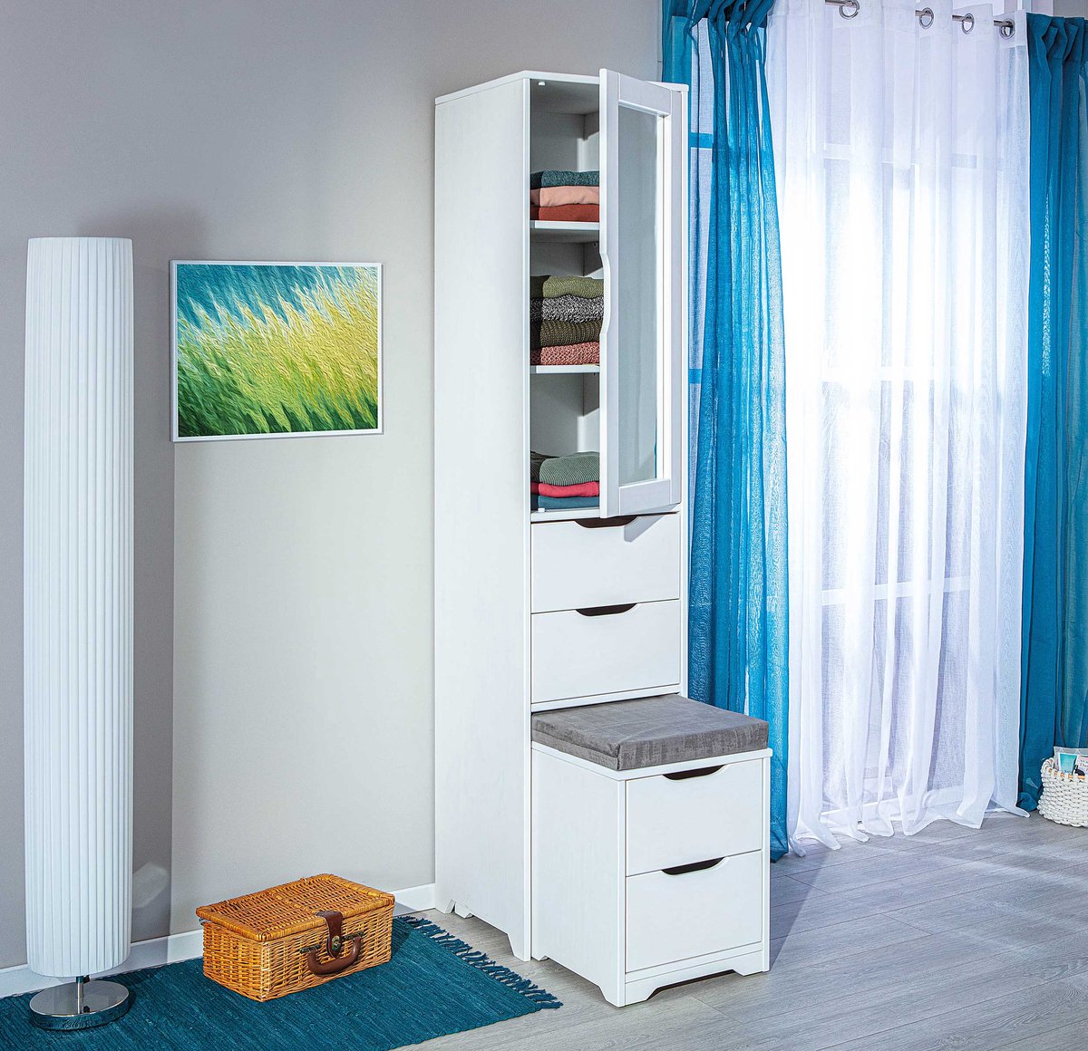 Till Kledingkast 1 Spiegeldeur, 4 Laden, Zitkussen. - Wit