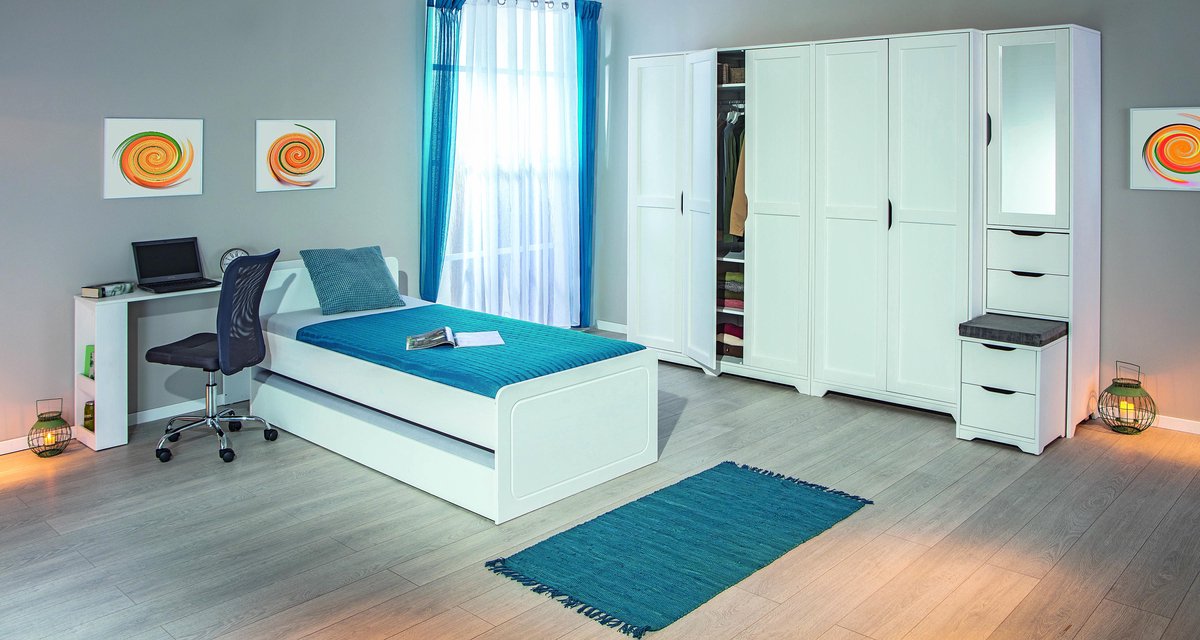 Till Kledingkast 1 Spiegeldeur, 4 Laden, Zitkussen. - Wit