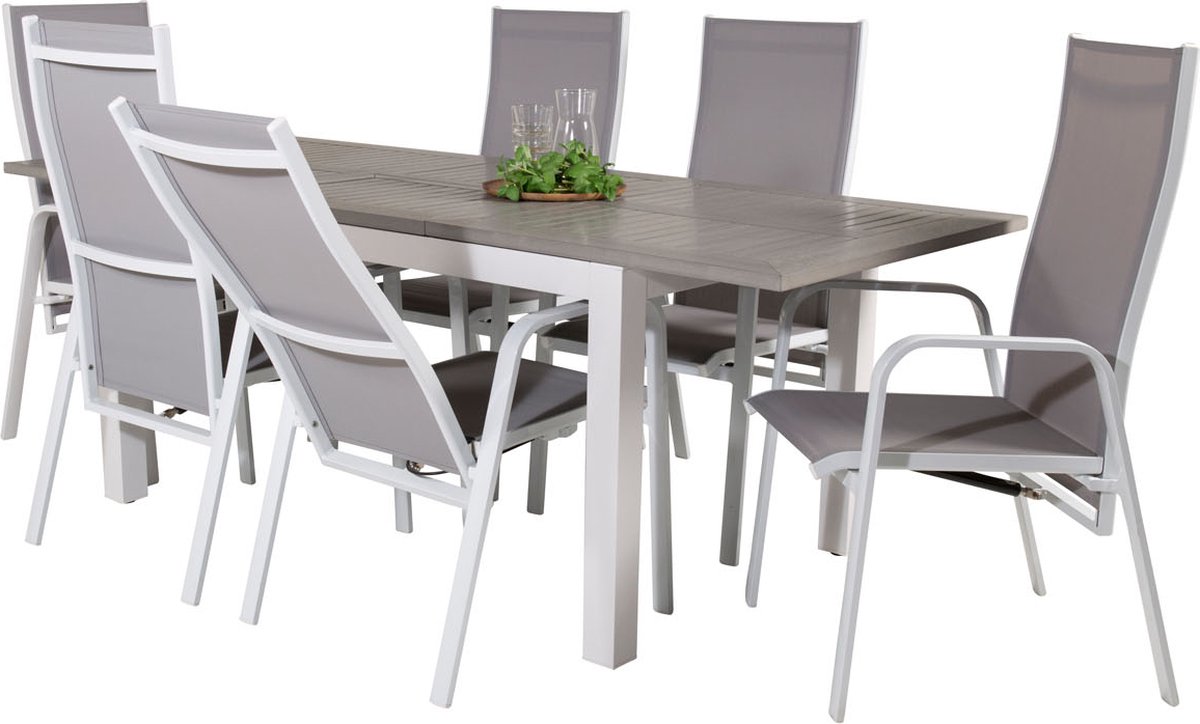 Albany Tuinmeubelset Tafel 90x160/240cm En 6 Stoel Copacabana, Grijs. - Wit