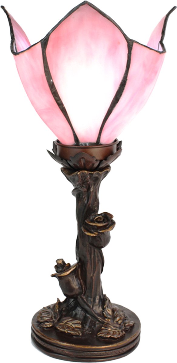 Clayre & Eef Lumilamp Tiffany Tafellamp Bloem Ø 18*32 Cm E14/max 1*25w Glas, Kunststof Tiffany Bureaulamp Tiffany Lampen - Roze