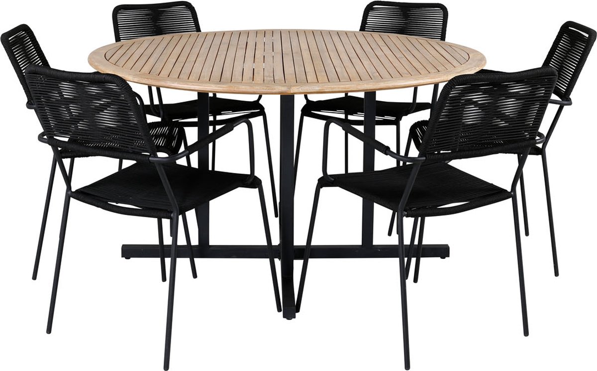 Cruz Tuinmeubelset Tafel Ø140cm En 6 Stoel Armleuning Lindos, Naturel. - Zwart