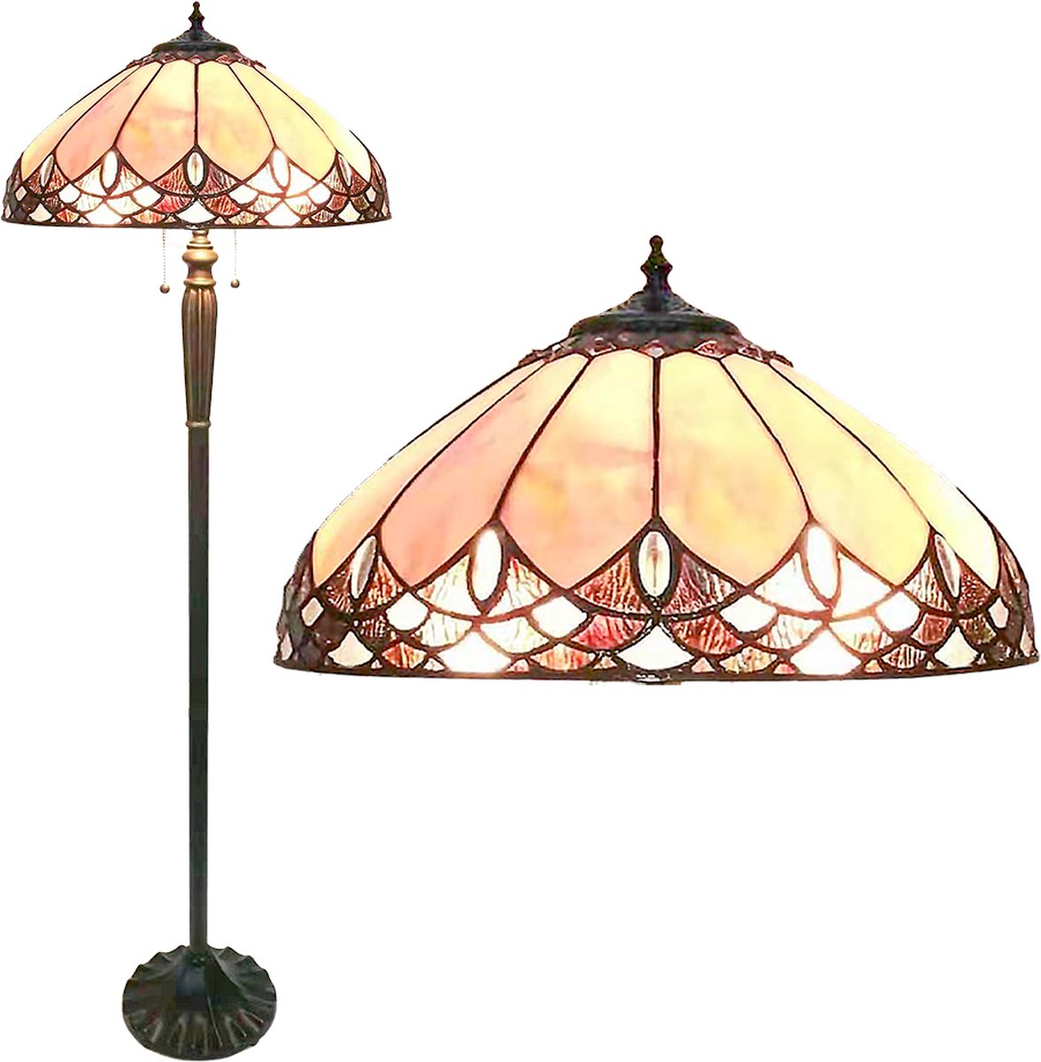 Clayre & Eef Lumilamp Tiffany Vloerlamp Ø 50*157 Cm, Bruin Glas, Kunststof Rond Staande Lamp Staanlamp Tiffany Lamp - Beige