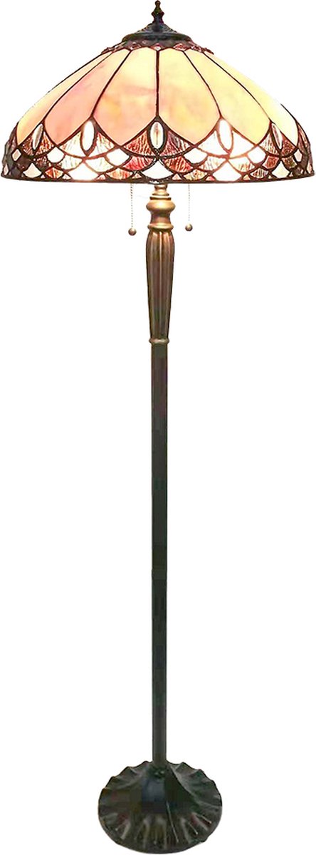 Clayre & Eef Lumilamp Tiffany Vloerlamp Ø 50*157 Cm, Bruin Glas, Kunststof Rond Staande Lamp Staanlamp Tiffany Lamp - Beige