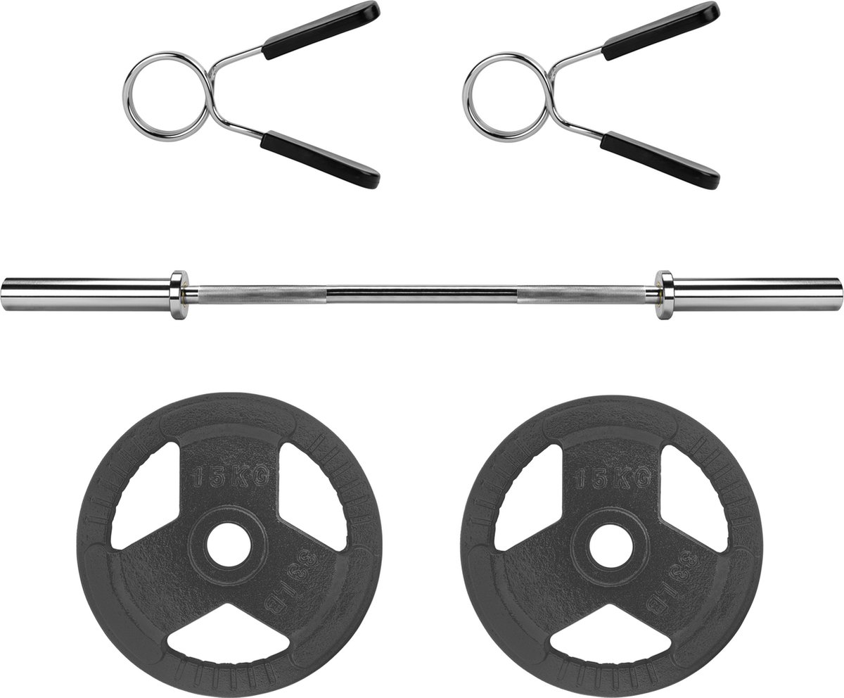 Ryzor Olympische Halterstang - 152 Cm - Staal - Zilver + Halterschijf - 15 Kg - Gietijzer 1 Paar - Grijs