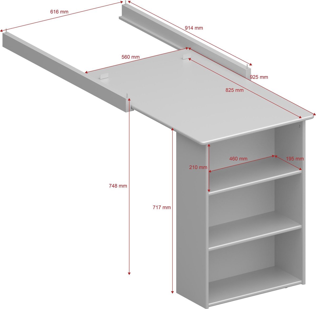 Molly,oscar Kids Bureau Uitschuifbaar Tafelblad Met 3 Planken Gebrokente Lak. - Wit