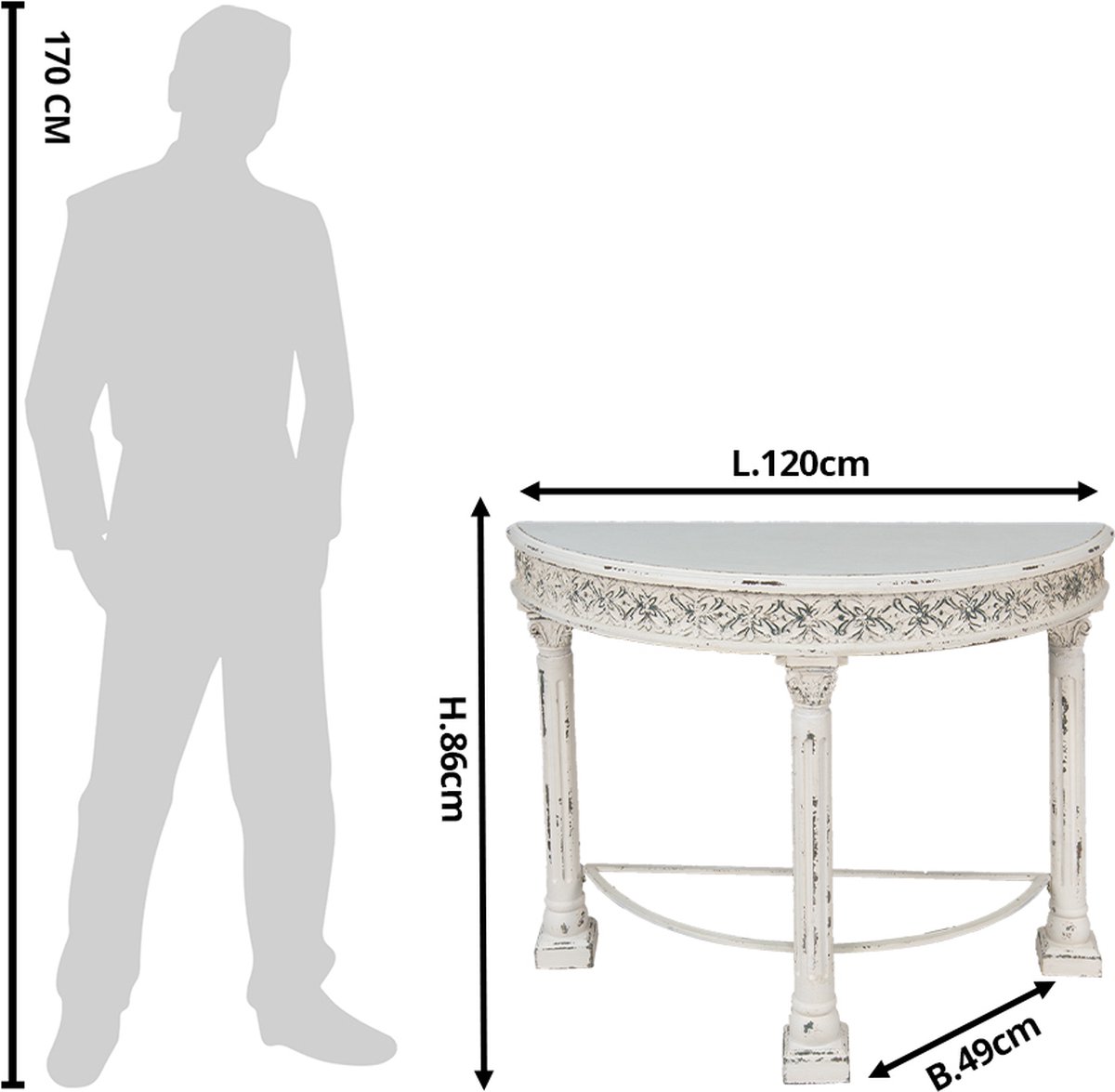 Clayre & Eef Sidetable 120*49*86 Cm Ijzer, Hout Halfrond Bloemen Wandtafel Haltafel Console Tafel Wandtafel - Wit