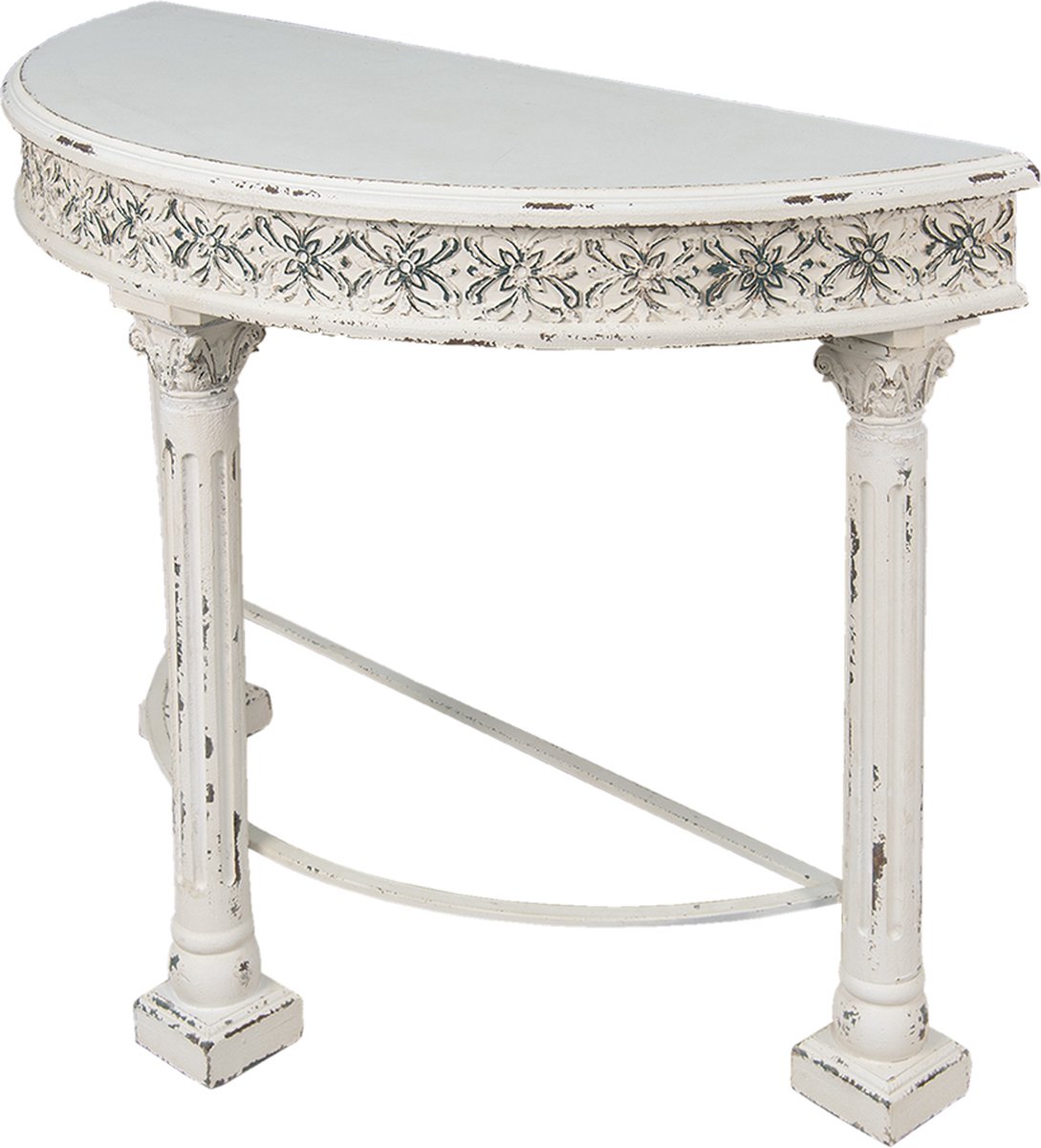 Clayre & Eef Sidetable 120*49*86 Cm Ijzer, Hout Halfrond Bloemen Wandtafel Haltafel Console Tafel Wandtafel - Wit