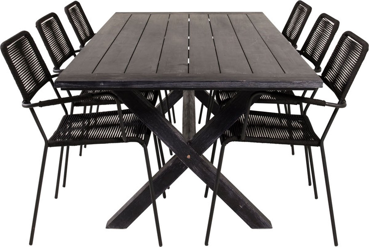 Rives Tuinmeubelset Tafel 100x200cm En 6 Stoel Armleunings Lindos. - Zwart