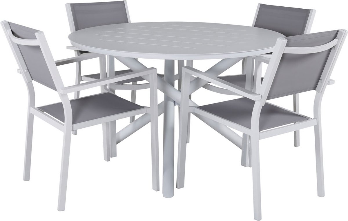 Alma Tuinmeubelset Tafel Ø120cm En 4 Stoel Stapel Copacabana. - Wit