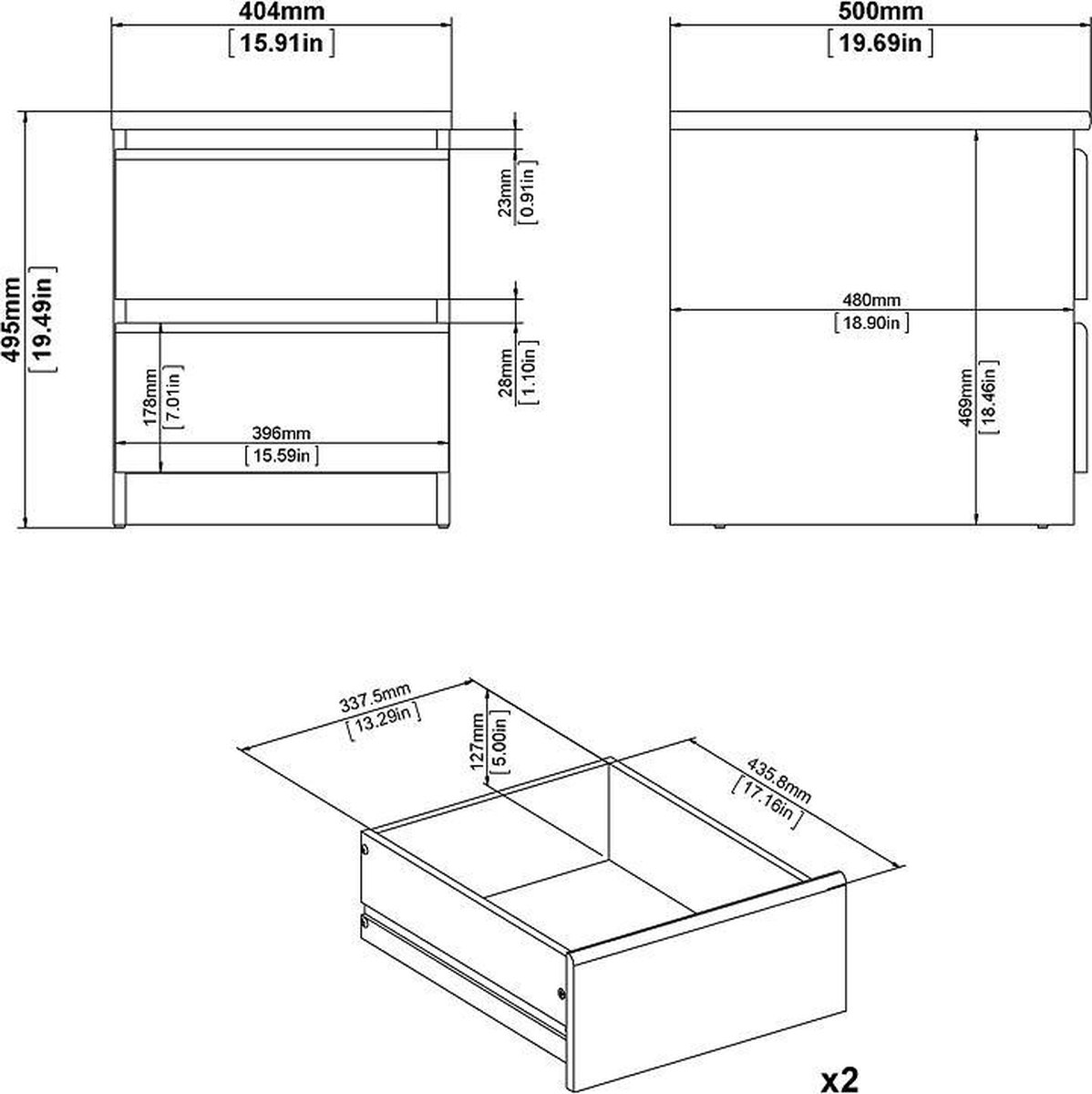 Nada Nachtkastje Met 2 Lades, Mat. - Zwart