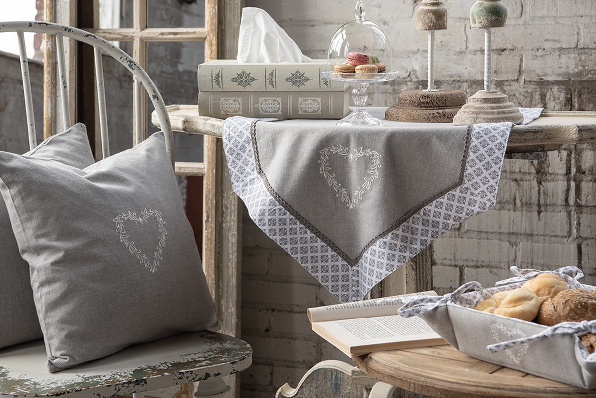 Clayre & Eef Tafelloper 50*150 Cm, Wit Katoen Rechthoek Hart/ruitjes Tafelkleed Loper Tafeltextiel - Grijs