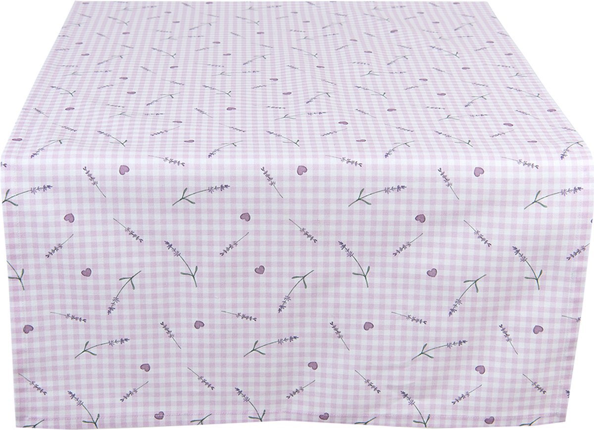 Clayre & Eef Tafelloper 50*140 Cm, Wit Katoen Rechthoek Lavendel Tafelkleed Loper Tafeltextiel Tafelkleed - Paars