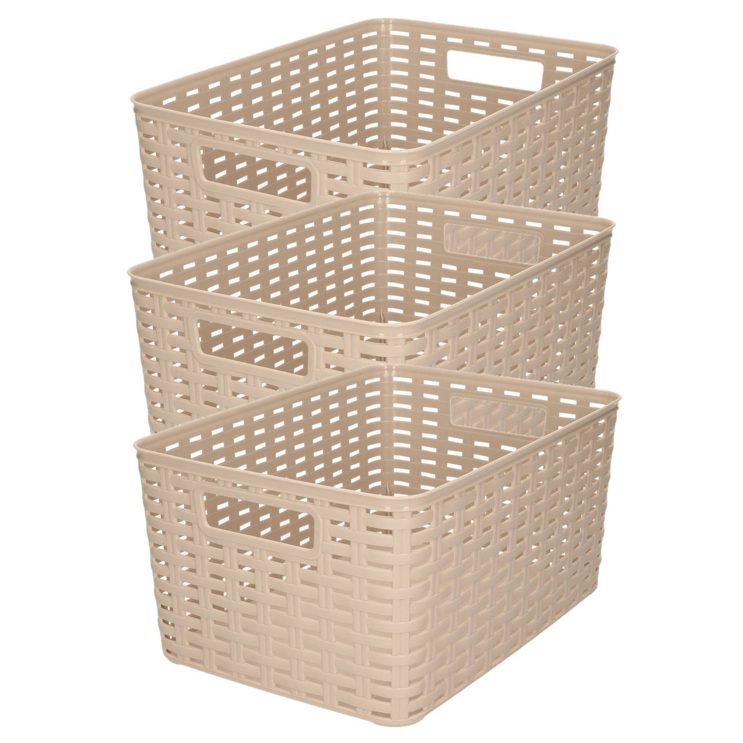 Forte Plastics 3x Stuks Rotan Gevlochten Opbergmand/opbergbox Kunststof - Taupe - 22 X 33 X 16 Cm - Opbergbox